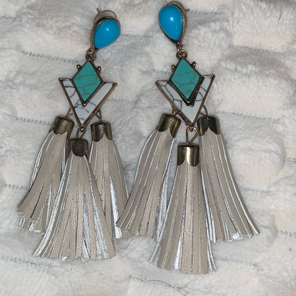 Turquoise and Silver Geometric Tassel Earrings